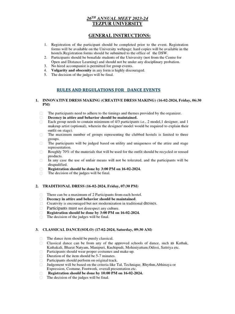 Updated Schedule and Regulations | PDF | Dances | Entertainment