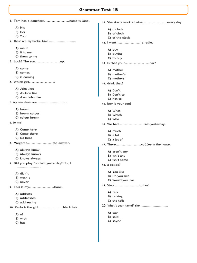 Grammar Test 1B | PDF