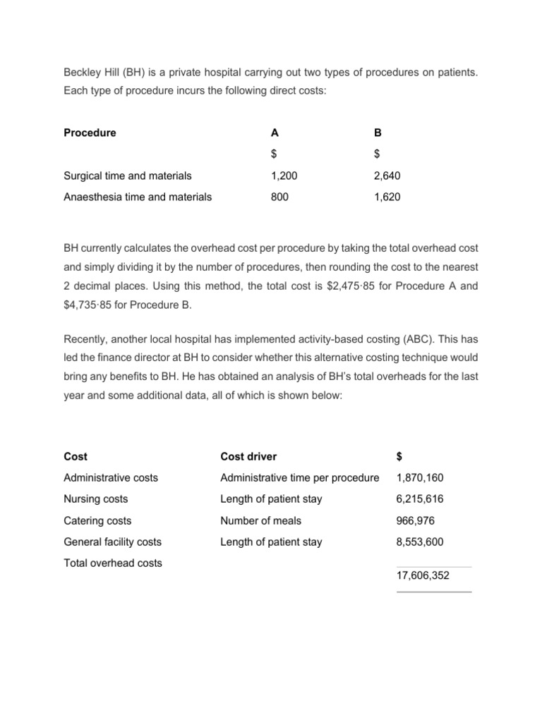 Past Exam Question Activity Based Costing Pdf Nursing Patient