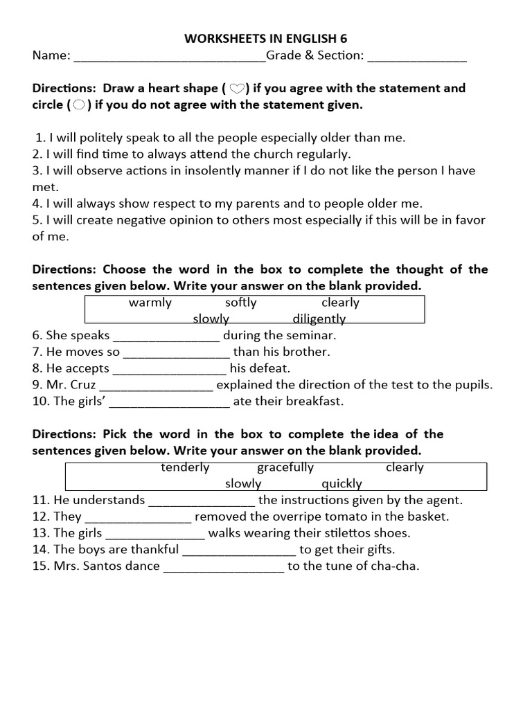 Grade 6 English and Filipino Worksheets | PDF | Language Arts & Discipline