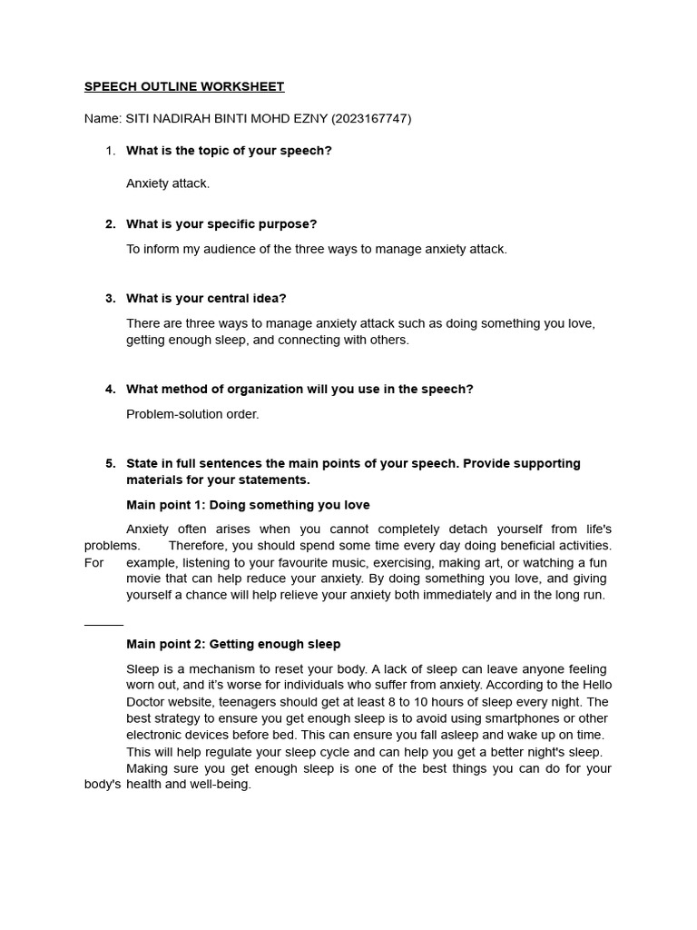 Outline Speech Preparation Worksheet For Speech To Inform | Download ...