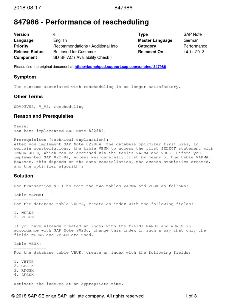 SAP Rescheduling Performance Fix | PDF | Databases | Database Transaction
