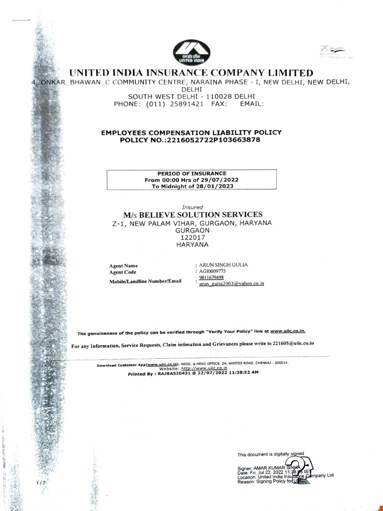 United India Insurance Policy Details | PDF | Employment | Insurance