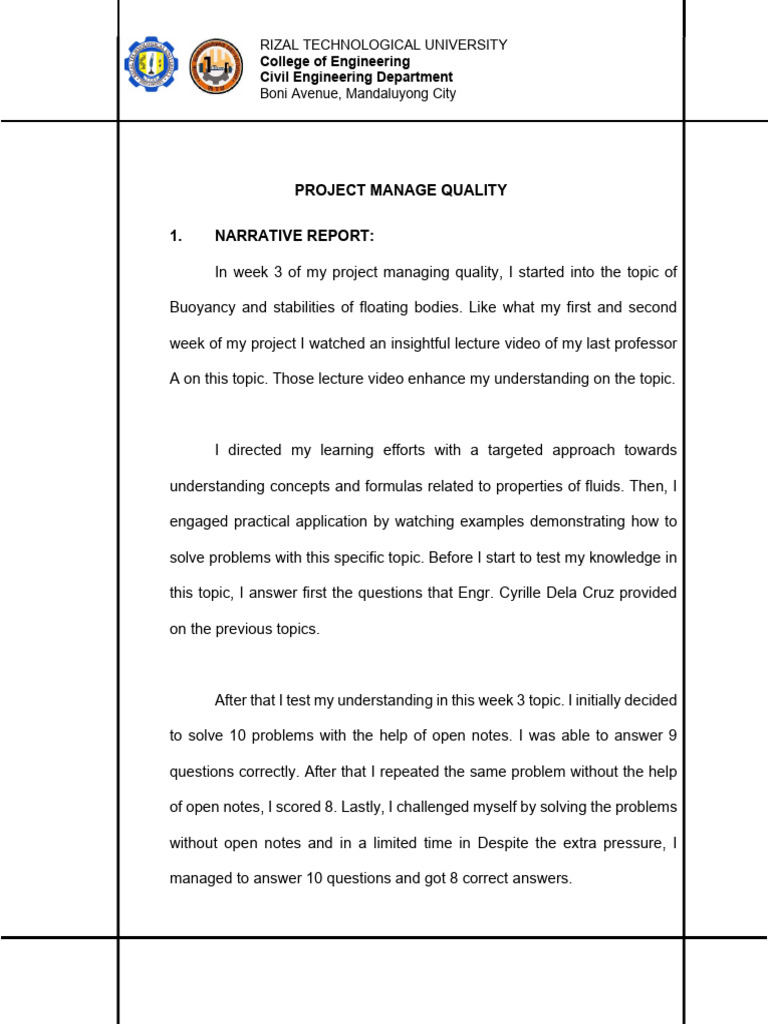 Project Management Quality Report: Week 3 | PDF | Engineering | Buoyancy