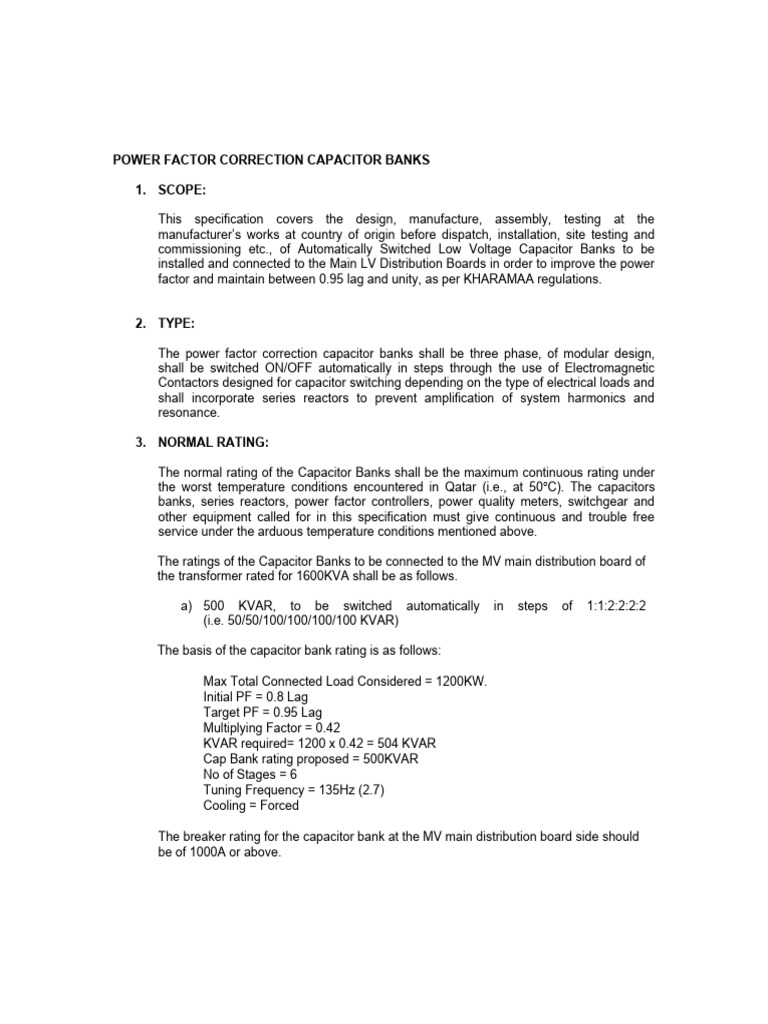 Capacitor Bank Specification for Power Factor Correction | PDF ...