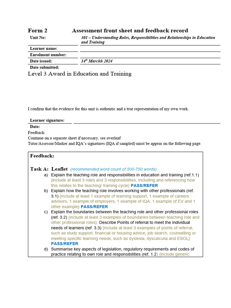 Unit 301 Feedback and Assessment Record | PDF | Learning | Behavior ...