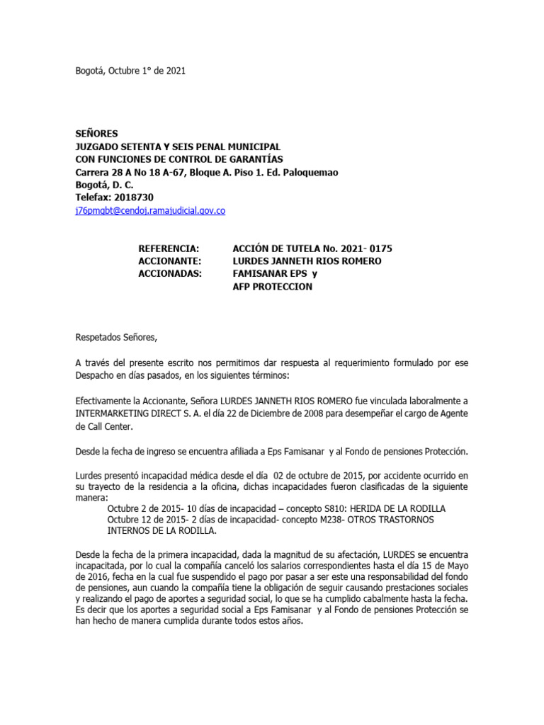 Contestación de ACCIÓN DE TUTELA No. 2021 - 0175 | PDF | Pensión