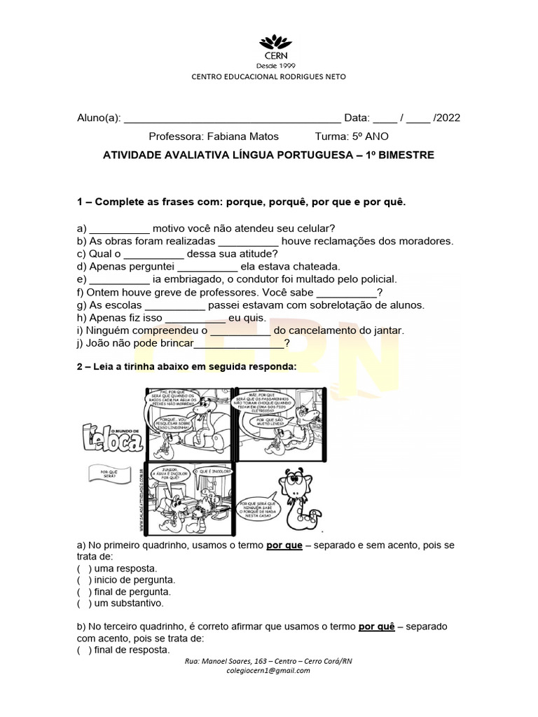 Avaliação de Português 5º Ano - 1º Bimestre | PDF | Sílaba | Idiomas