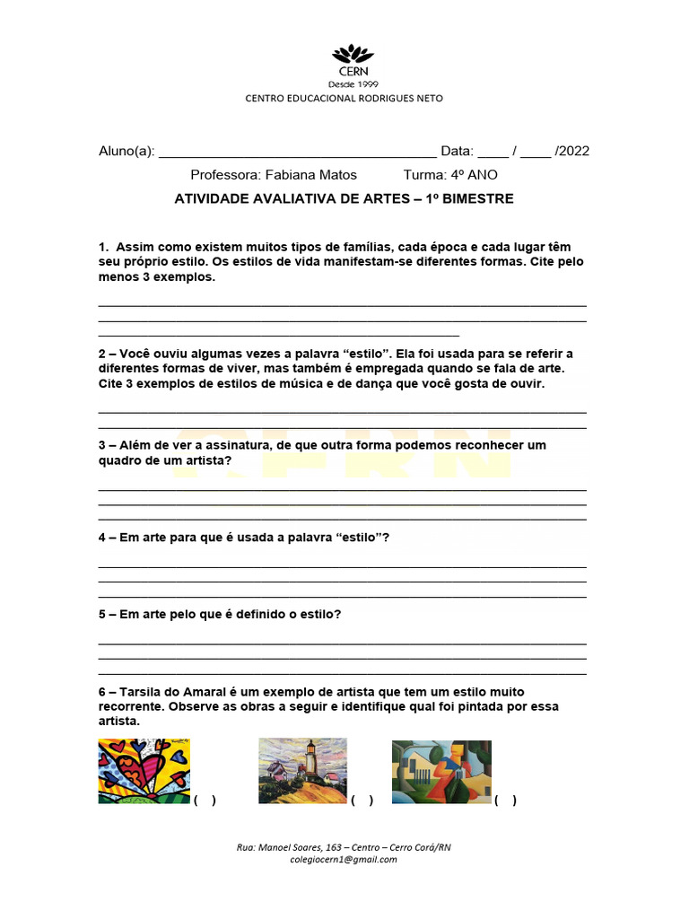 Atividade Avaliativa de Artes - 4º Ano | PDF | As artes