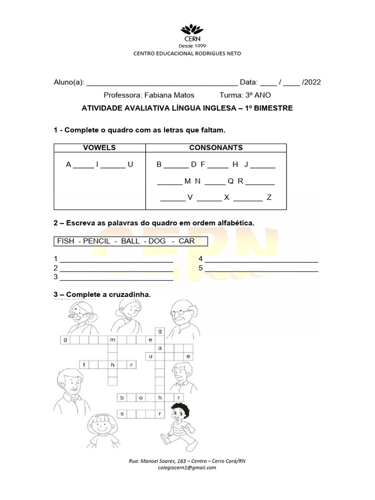 Atividade Avaliativa de Inglês - 3º Ano | PDF | Carreira e Crescimento