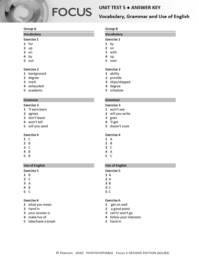 Focus 2 Unit 5 Test Answer Key | PDF | Linguistics