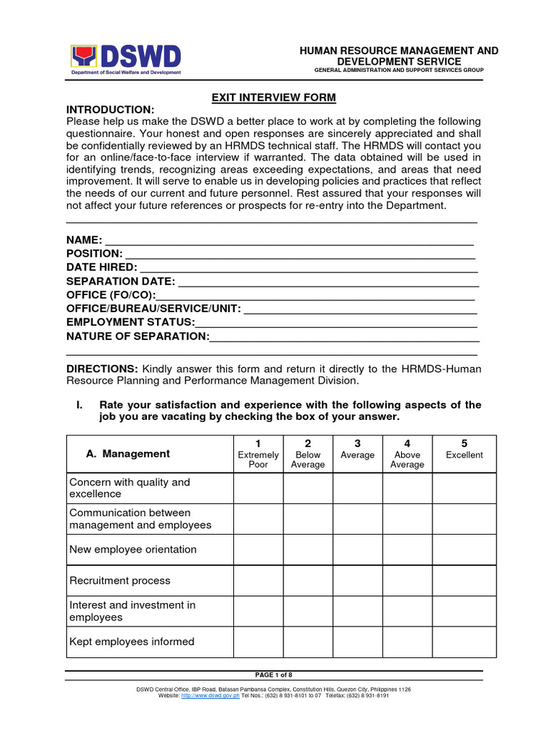 DSWD Exit Interview Form | PDF | Cost Of Living | Employment