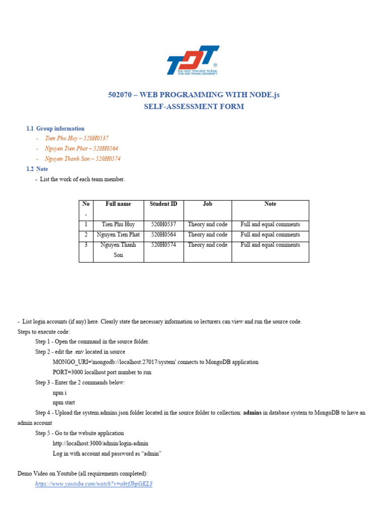 SELF ASSESSMENT FORM - Web Programming With Nodejs - 2023-2024 | PDF ...