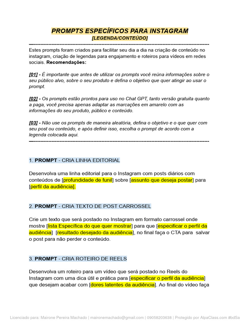 Prompts Comandos Chat GPT Instagram | PDF | Roteiro