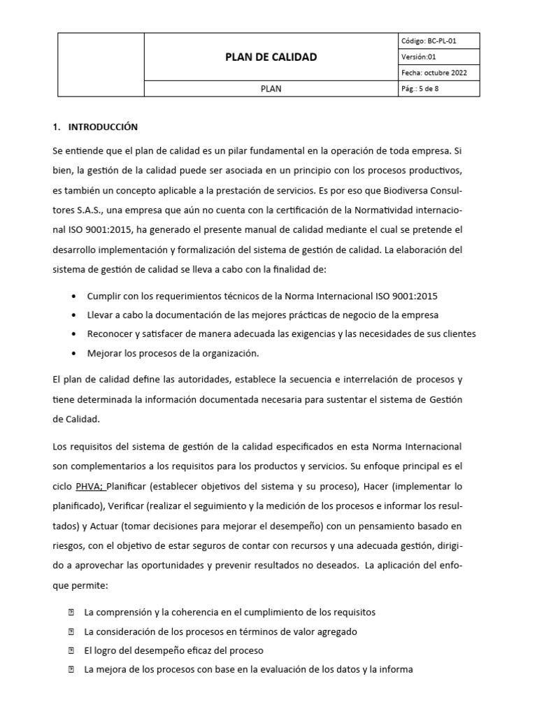 Plan de Calidad ISO 9001:2015 Biodiversa | PDF | Calidad (comercial ...