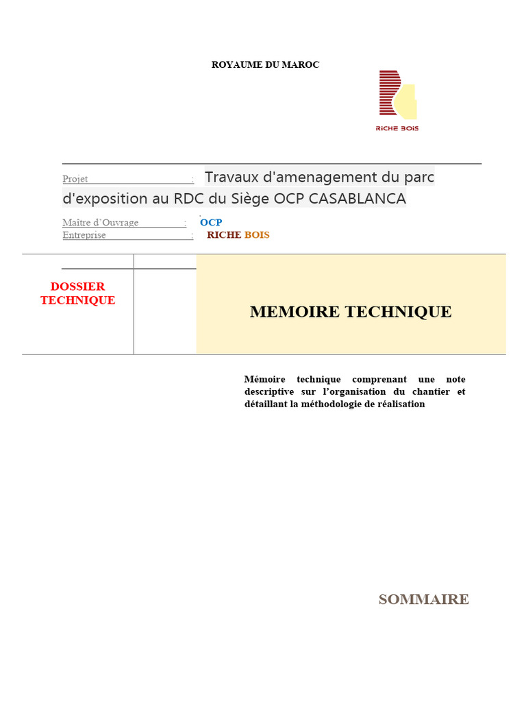 Mémoire Technique Travaux D'aménagement Du Parc D'exposition Au RDC Du ...