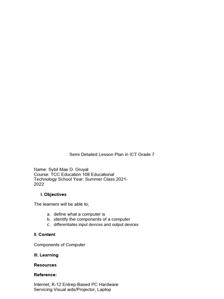 Grade 7 ICT Lesson Plan: Computer Basics | PDF | Art | Computers