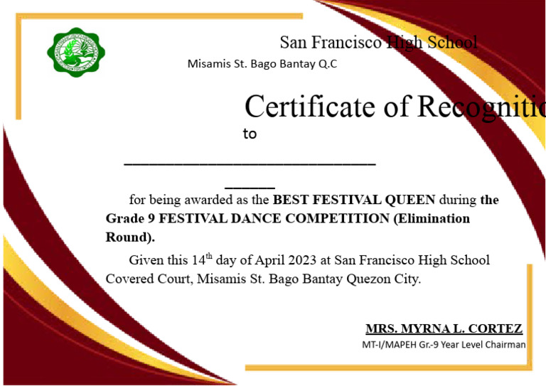 Best Festival Queen Certificate | PDF