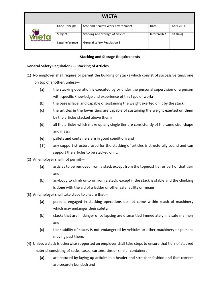 Stacking and Storage Safety Regulations | PDF