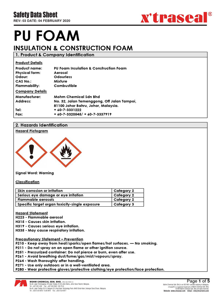 SDS - PU Foam Insulation & Construction Foam | PDF | Oxide | Materials