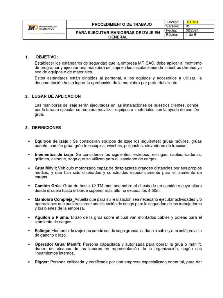 Procedimiento Maniobras de Izaje en General MRSAC | PDF | Grúa (máquina ...
