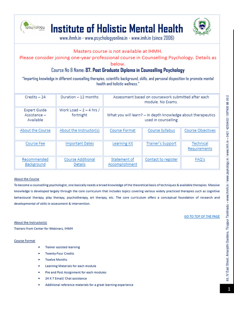 Post Graduate Diploma in Counselling Psychology | PDF | Psychotherapy ...