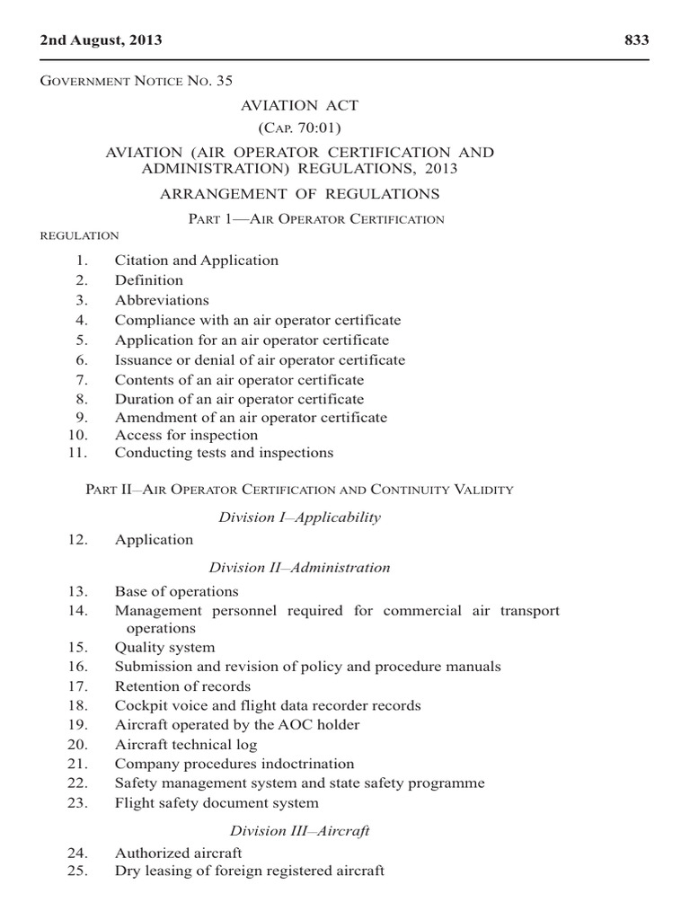 Aviation Regulations, 2013 AIR OPERATOR CERTIFICATION AND