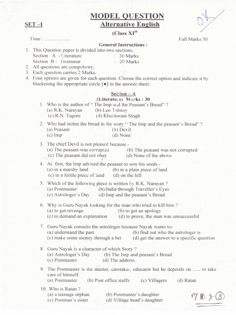 Class Xi Alternative English Set 1 Pdf Linguistics Grammar