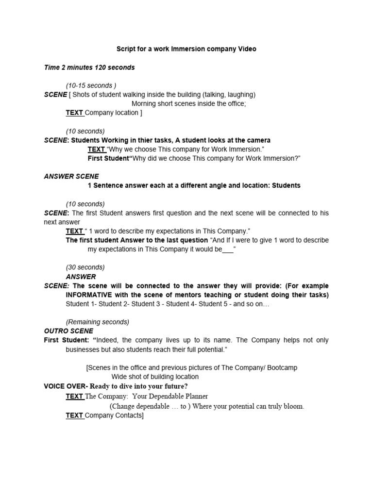 Script for a work immersion company video pdf