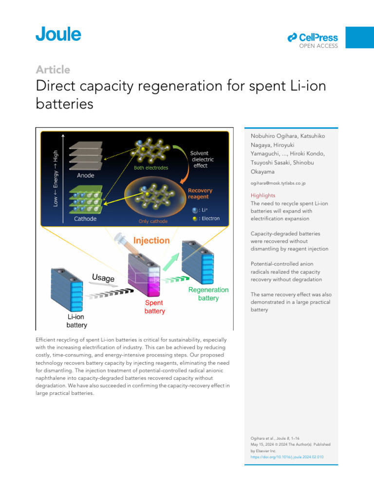 Direct Capacity Regeneration For Spent Li Ion Batteries 2024 Joule