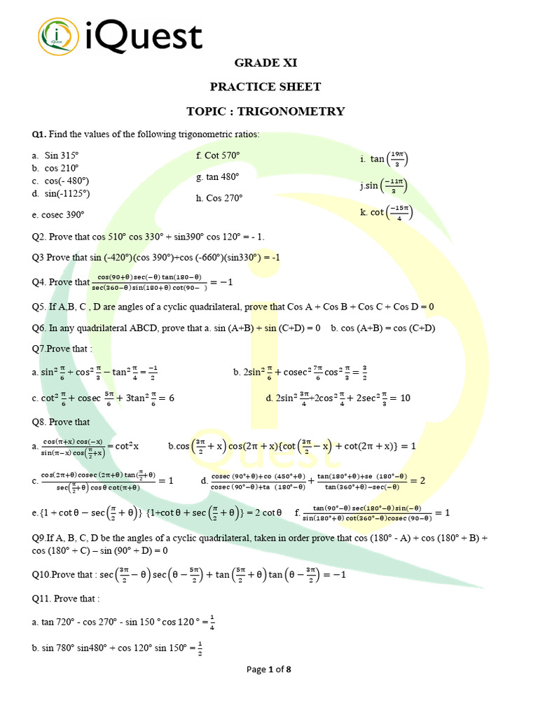 Grade XI Trigonometry Practice Sheet | PDF | Trigonometric Functions ...