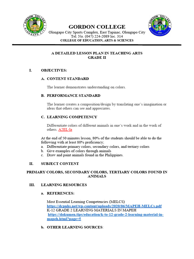 A Detailed Lesson Plan in Teaching Arts 2 | PDF | Color | Learning