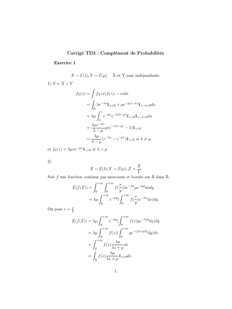 9 - Corrigé TD3 - Complément de Probabilités | PDF