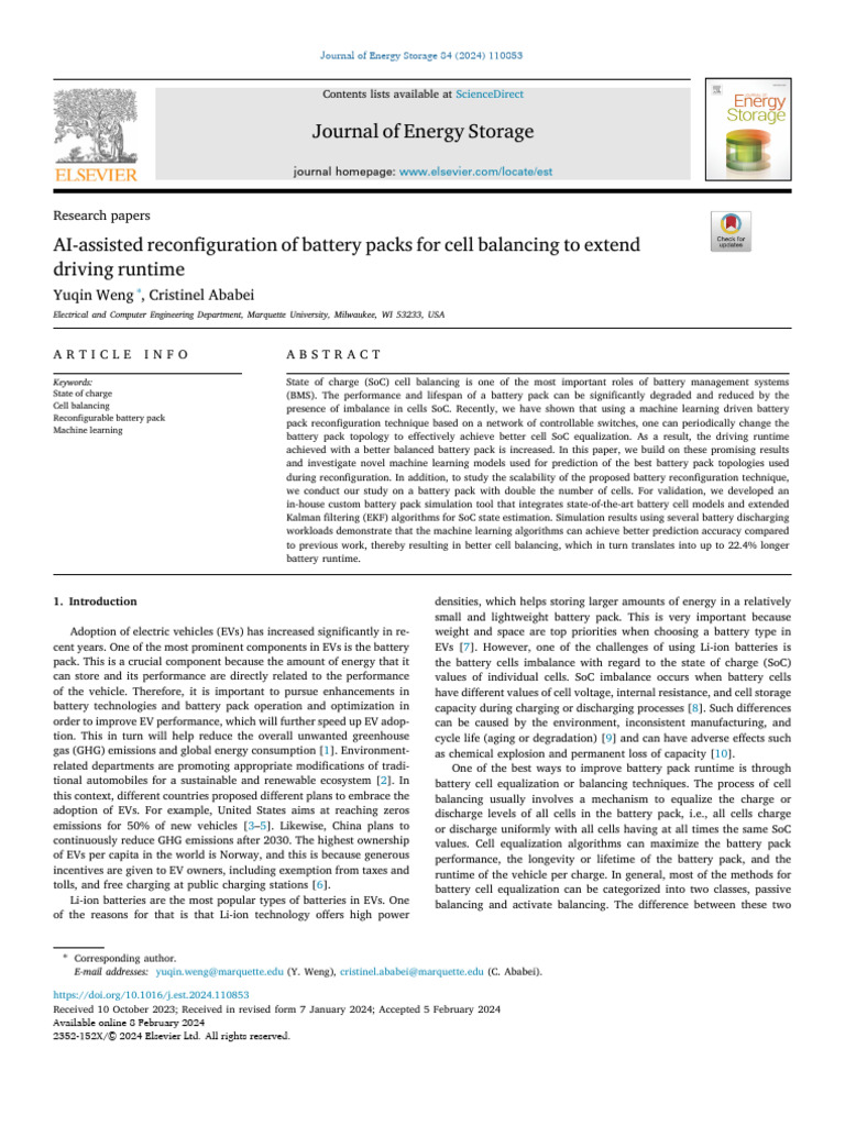 AI Assisted Reconfiguration of Battery Packs For Cell B 2024 Journal of ...