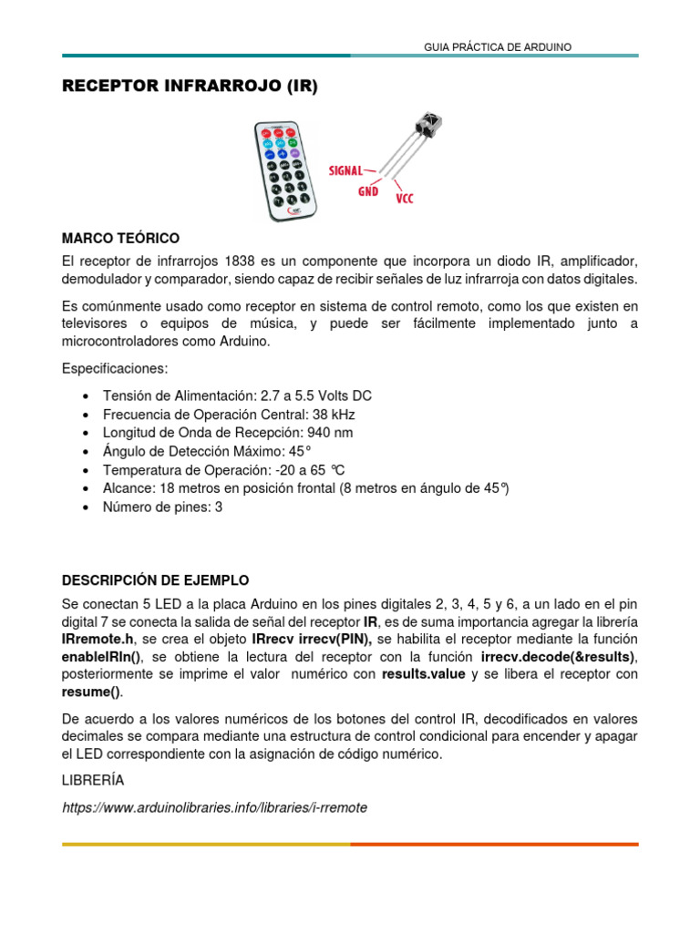 Conexión del Receptor IR 1838 con Arduino | PDF | Arduino | Infrarrojo
