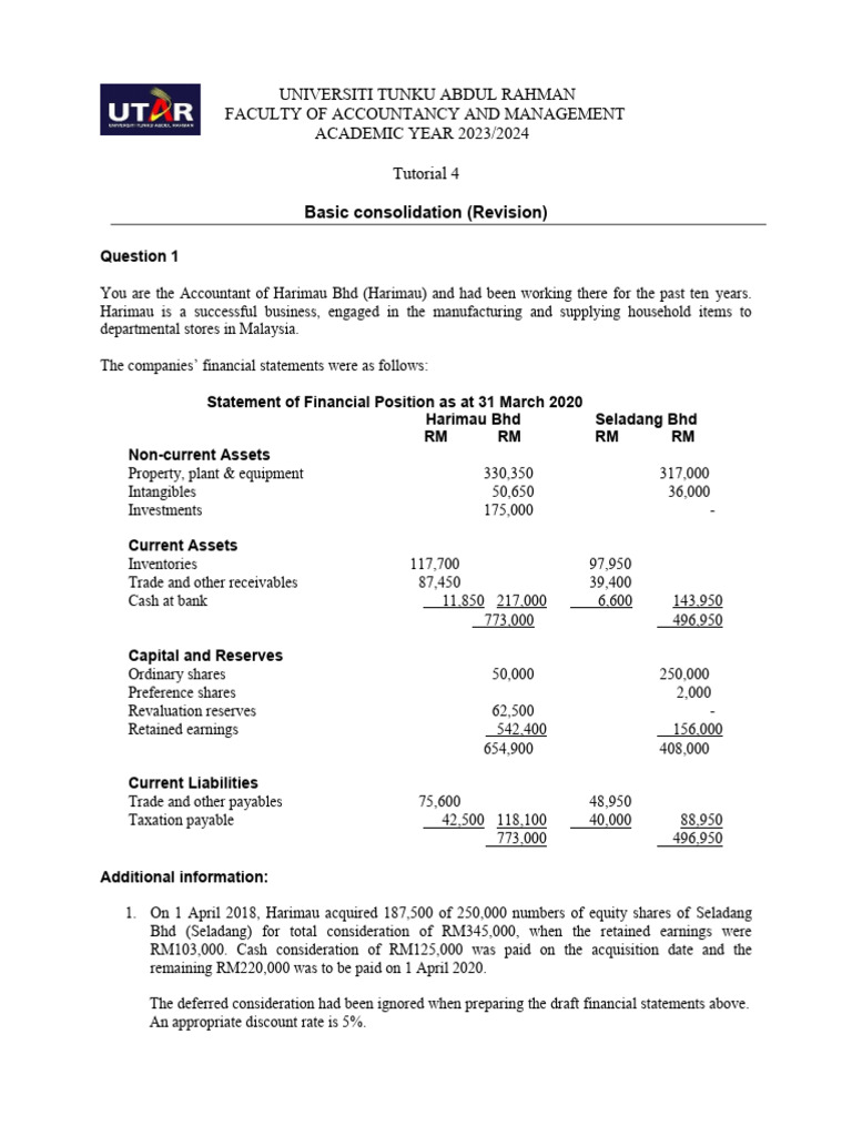 UKAF4034-ACR-Tutorial 4-Q BasicConso | PDF | Goodwill (Accounting ...