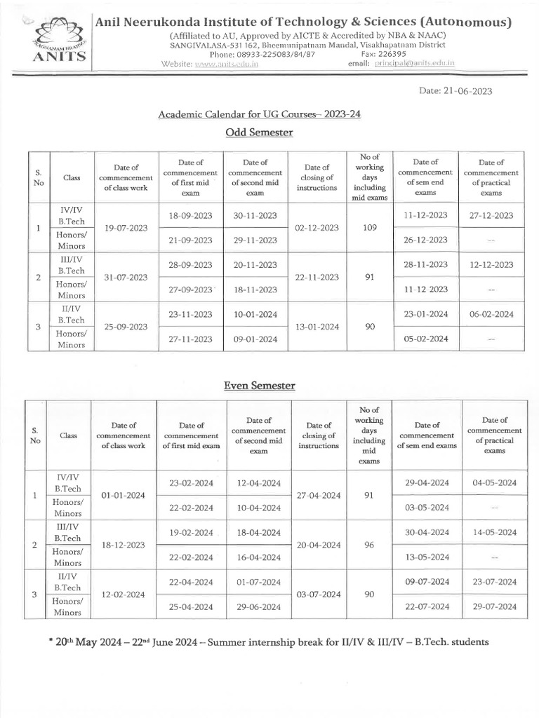 Academic Calendar For UG Courses 2023-24 | PDF
