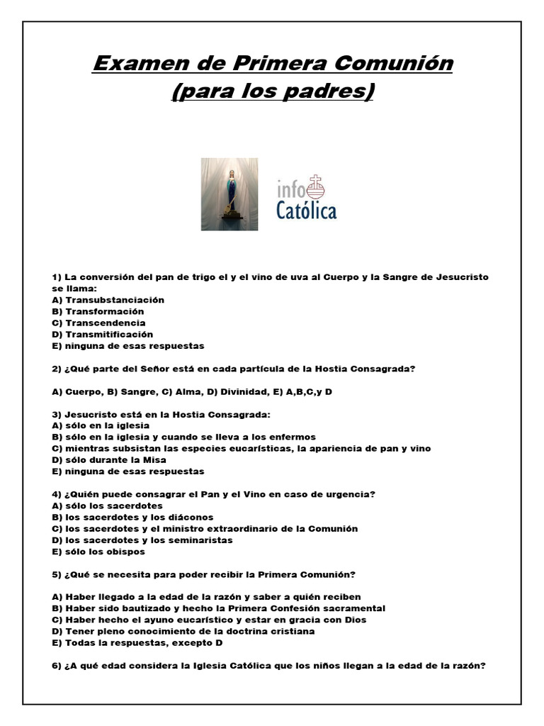 Examen de Primera Comunión para Padres | PDF | eucaristía | Teología ...