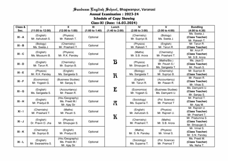 Schedule of Annual Examination Copy Showing (XI) 16.3.2024 | PDF
