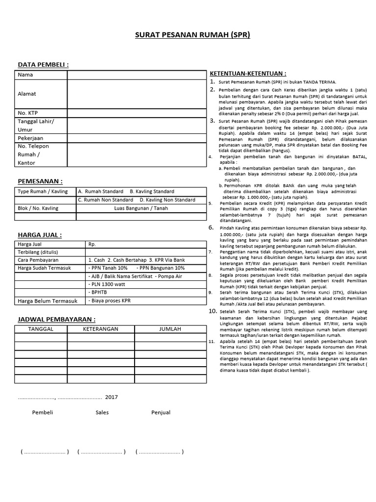 Surat Pemesanan Rumah (SPR) 2024 | PDF