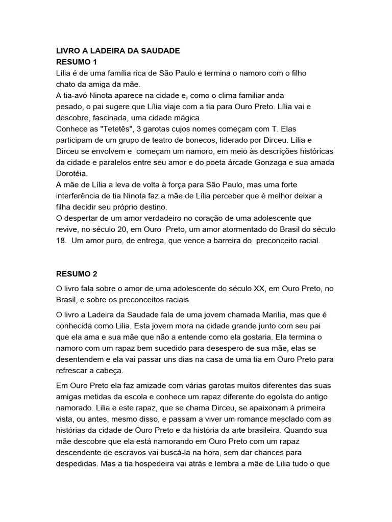 Livro a ladeira da saudade resumo pdf amor