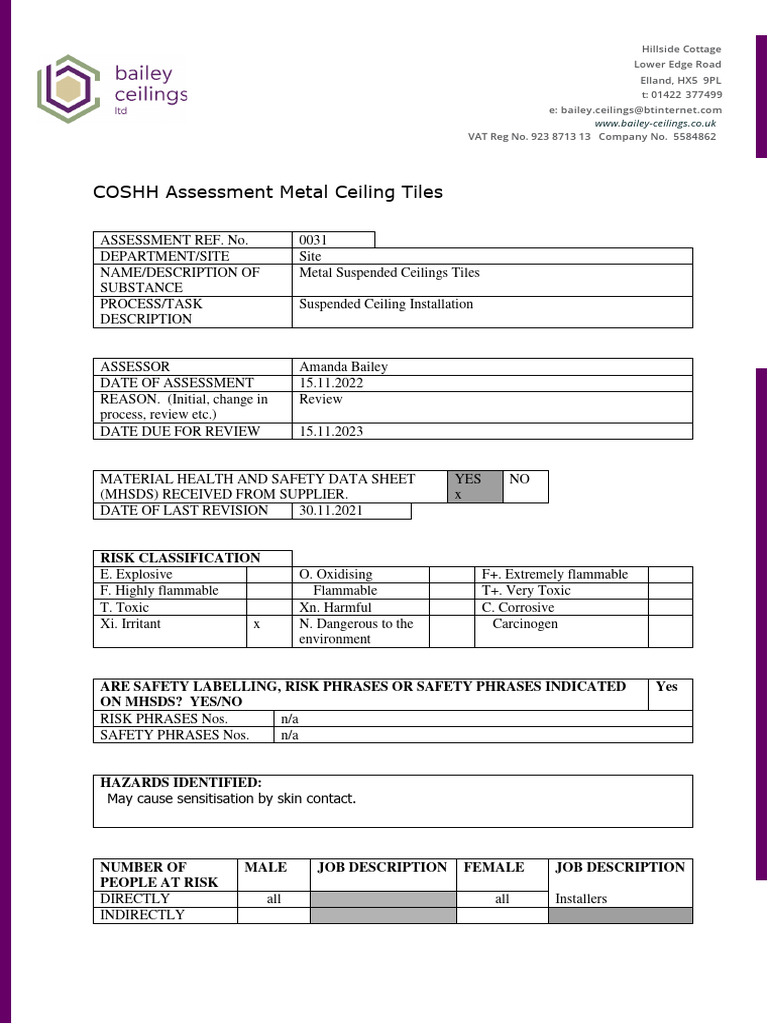 COSHH Assessment for Metal Ceiling Tiles | PDF | Toxicity ...