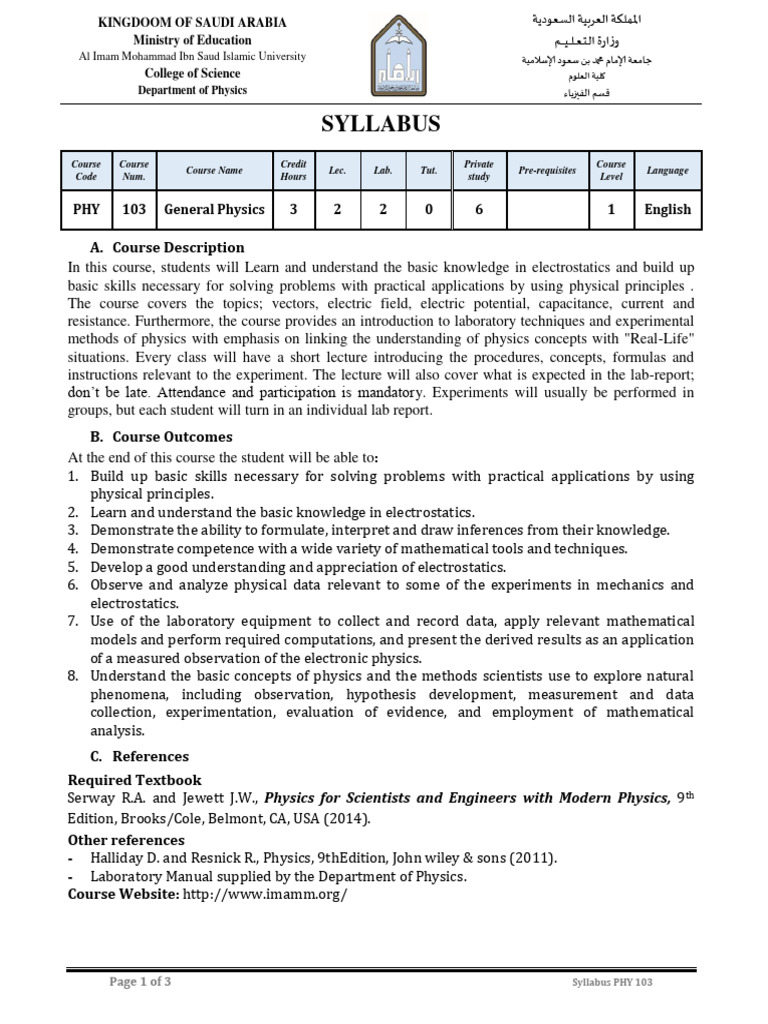 PHY 103 General Physics Syllabus | PDF | Physics | Electric Field
