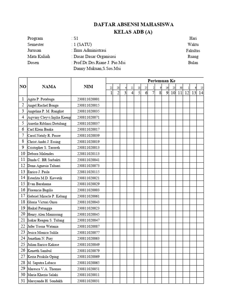 Absensi Mahasiswa Kelas ADB S1 | PDF
