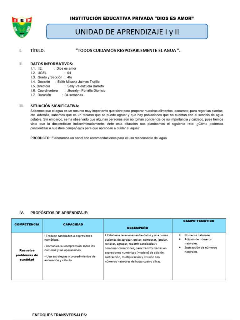 Unidad de Aprendizaje - Aritmética - 4to Primaria | PDF | Evaluación ...