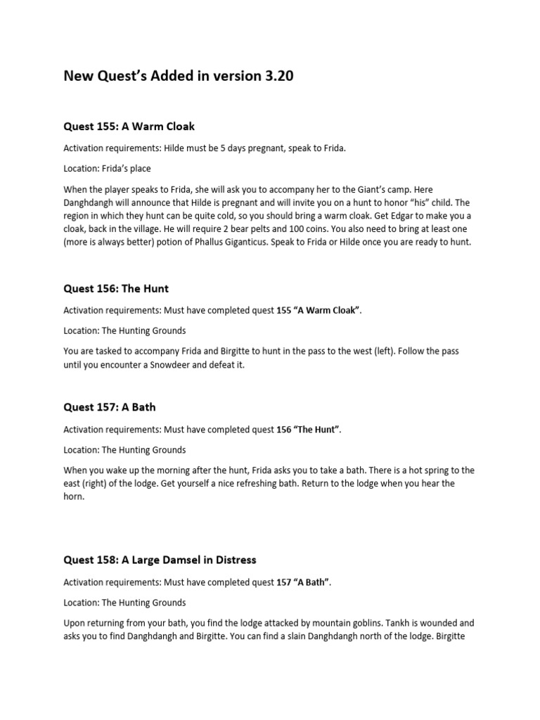 New Quests in Version 3.20 Overview | PDF