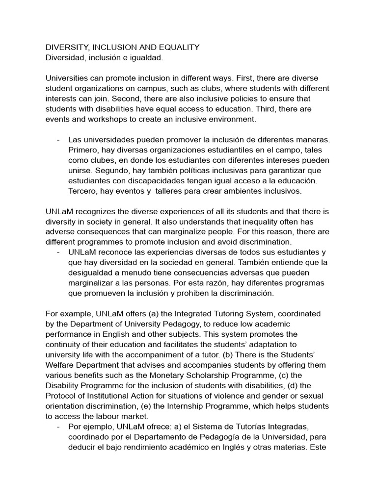 Promoting Diversity and Inclusion at UNLaM | PDF | Social Exclusion ...