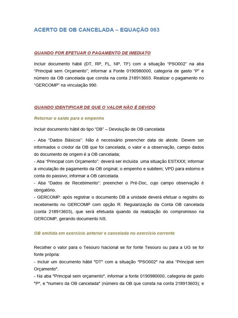 Acerto de Ob Cancelada Equação 063 | PDF