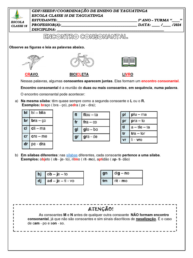 Atividades sobre Encontro Consonantal 5º Ano | PDF | Sílaba | Linguística
