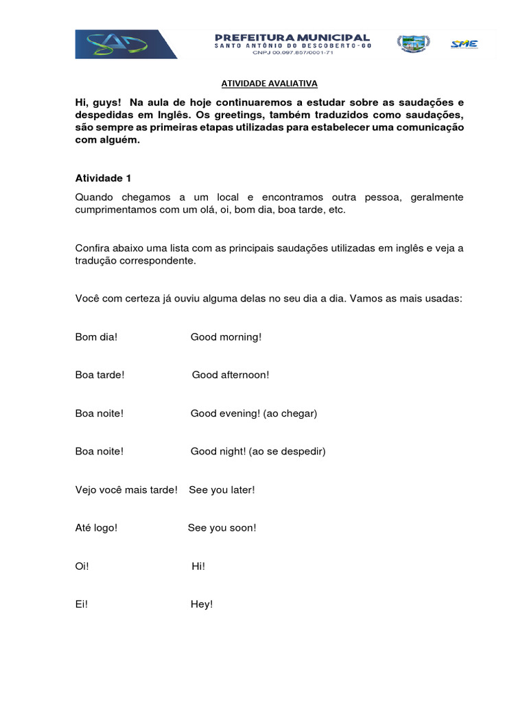 Saudações e Despedidas em Inglês | PDF | Carreira e Crescimento | Artes ...
